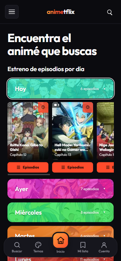 Inicio de Animetflix con estrenos recientes y categorías por día