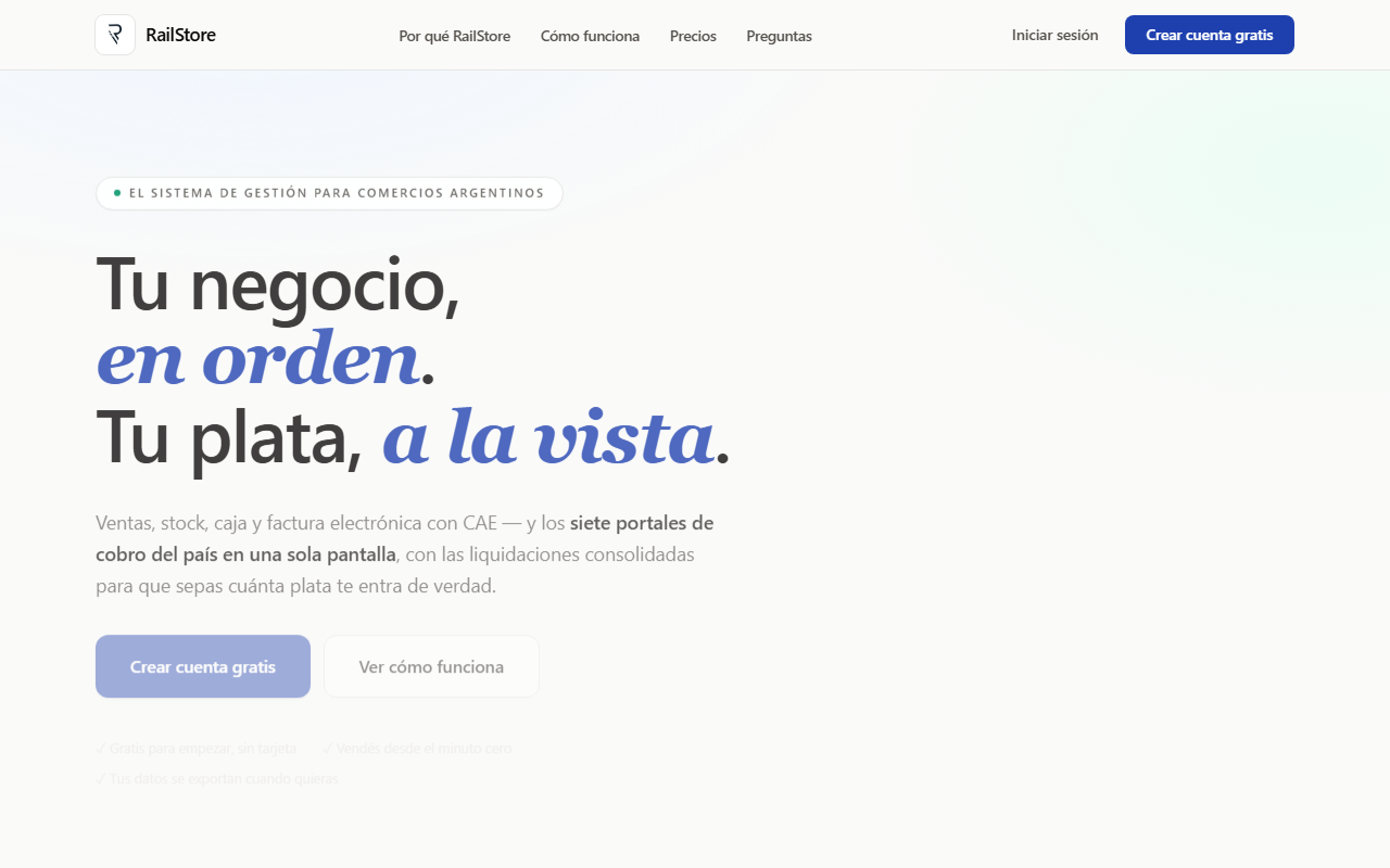 Portada pública de RailStore, sistema de gestión para comercios