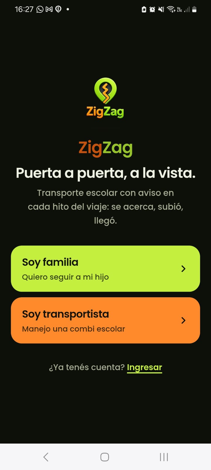 Pantalla de bienvenida de Zigzag